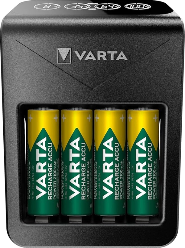 LPNHE913528069 - Ładowarka akumulatorów VARTA, łącznie z 4 sztukami AA 2100mAh, ładowarka do akumulatorów AA/AAA/9V oraz urządzeń USB, wyświetlacz LCD Plug Charger+, ładowanie pojedynczych ogniw, kolor czarny - C865