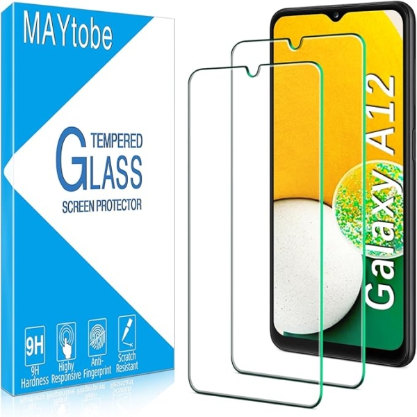 LPNHE923789682 - Dwa sztuki folii ochronnej MAYtobe do Samsung Galaxy A12, wolnej od zarysowań, szkło o twardości 9H, folia ochronna HD, ultra-czytelna o grubości 0,33 mm, bardzo wytrzymała, bez pęcherzyków powietrza. - B720