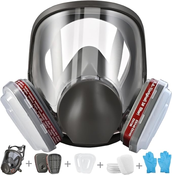 LPNHE912971940 - Faburo Pełnotwarzowy Respirator Wielokrotnego użytku, Ochrona Twarzy Respirator z 10 filtrami zapasowymi, 5 par rękawiczek do malowania cząstek kurzu, produktów chemicznych. - A975