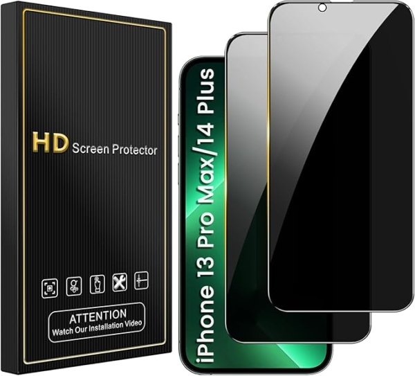 LPNHE924894075 - Romkasi Zasłona prywatności do iPhone 14 Plus/ 13 Pro Max 6,7 cala, Anty-spyware Ochrona pancerza folia szkło hartowane, Łatwa instalacja bez pęcherzyków 9H twardość 2 sztuki - B498