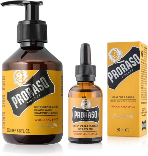LPNHE896228015 - Proraso ustawiony na opiekę nad długim drewnem i przyprawą, ustawione z detergentem brody 200 ml i olejem brody 30 ml z przyprawionym i drzewnym zapachem, wykonanym we Włoszech - A141
