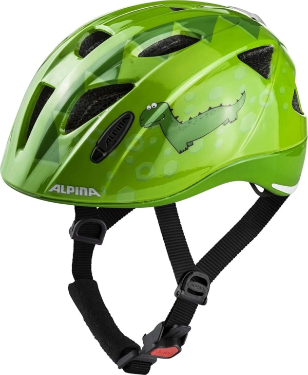 LPNRP035694508 - ALPINA XIMO FLASH - Oświetlany, odblaskowy, lekki i dopasowywany kask rowerowy LED dla dzieci, zielony dinozaur połysk, 49-54 cm. - A895