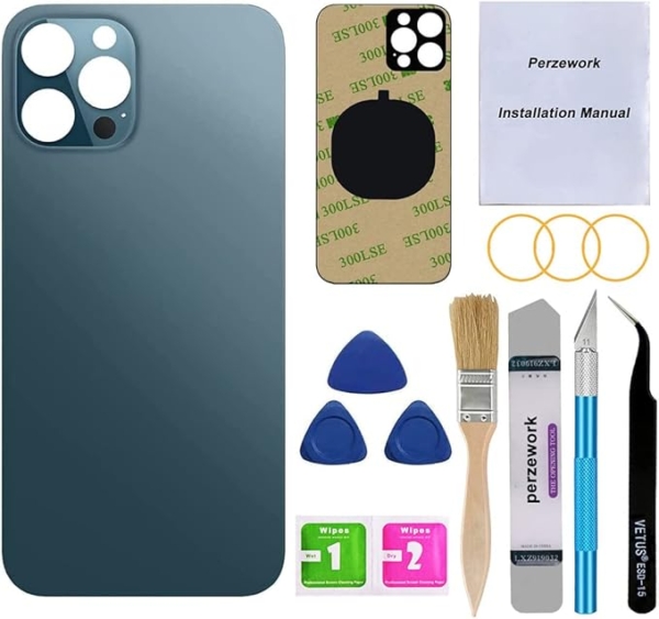 LPNHE925578559 - Szyba tylna zamienna Perzework (Pacyficzna niebieski) kompatybilna z iPhone 12 Pro Max 6,7 cali wszystkie podpory z zainstalowanym klejem i zestawami narzędzi naprawczych. - C975