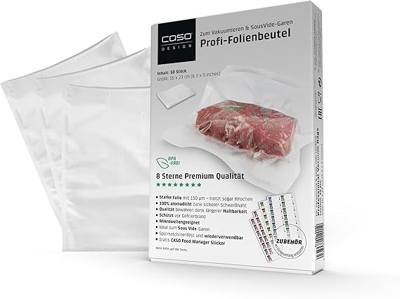 LPNHE921316120 - Przypadek Profi-Foliowe worki 16x23 cm/50 worków z rzeźbioną strukturą, dla wszystkich pakowaczek próżniowych, wolnych od BPA, bardzo wytrzymałe & rozciągliwe około 150µm, aromatycznie, nadające się do gotowania, Sous Vide, wielokrotnego użytku, - A517