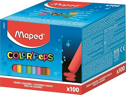 LPNHE925507787 - Maped - Kredki kolorowe - Kredki do rysowania na chodnikach - 100 kredki do tablicy - Wykonane z węglanu wapnia - Bezpyłowa formuła - lepsza widoczność i czytelność - 10 kolorów - C327