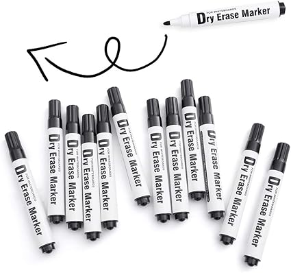 LPNHE923529653 - Suche ozdobne suchościeralne, bezpieczne dla dzieci, suchościeralne markery do tablicy białej, opakowanie 12 sztuk, czarny - B782