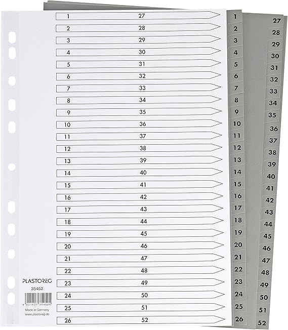 LPNRP016065655 - 2-częściowy zestaw 52-częściowy przekładki z polipropylenu (PP), DIN A4 z cyframi 1-26+27-52, w pełni pokrywający, praktyczny okładka ze stabilnego papieru do opisywania. Kartki do podziału segregatorów w biurze - C13