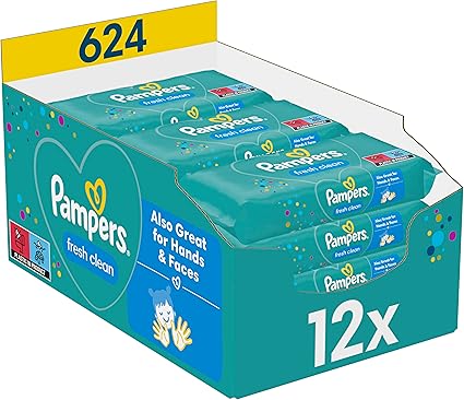 LPNHE916533610 - Pampers Fresh Clean Wipes 1 pack zawierający 52 sztuki, razem 624 chusteczki, delikatny zapach, odpowiednie także do rąk i twarzy - C403