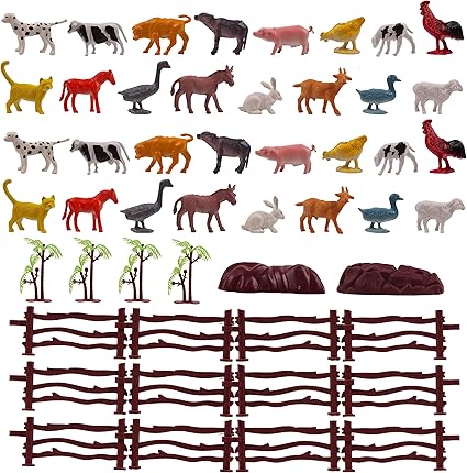 LPNHK346193472 - Zestaw 50 figurek zabawek z zwierzętami gospodarczymi, drzewami, płotami i kamieniami - zabawka edukacyjna dla dzieci - realistyczna i nietoksyczna. - C243