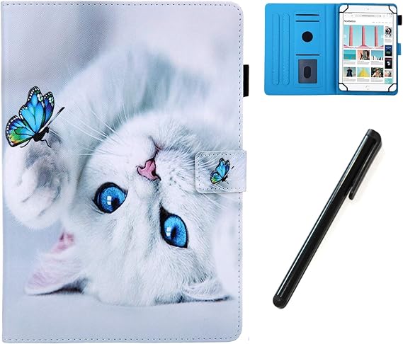 LPNHE843588993 - HereMore Uniwersalny pokrowiec na tablet 10,1 cala z rysikiem, etui ochronne do Samsung A 10.1, Huawei M5 Lite/T3 T5 10, iPad 10.2, ASUS ZenPad 10, Lenovo Tab E10, Cat Biały kot - C107