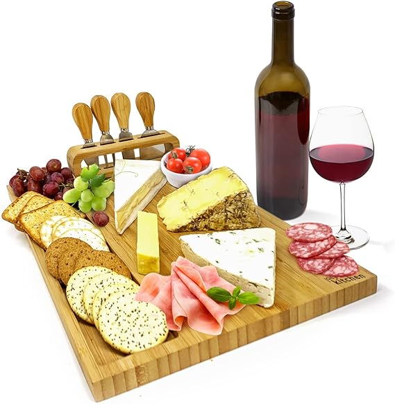 LPNHE902186102 - Planche à Fromages de joeji's Kitchen - Elegant en Bois de Bambou - avec Ensemble Couteau et Fourchette - Planche à Charcuterie pour Apéritif - Cadeau de Noël - A503