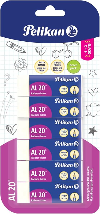 LPNHE914753255 - Pelikan Goma de Borrar AL 20 Color Blanco, odpowiednia do rysunków technicznych i szkolnych, guma do ołówka, do szkoły i biura, odpowiednia dla dzieci, 6 sztuk w opakowaniu, wymiary 65x21x12mm - C273