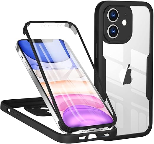 LPNHE894736139 - Pokrowiec TVVTPU do iPhone 12, Etui antywstrząsowy z ochroną ekranu i aparatu, 360 stopniowa ochrona całego ciała, przenośny przezroczysty solidny bumper, pełny pokrowiec do iPhone 12 6,1 cala - czarny - A107