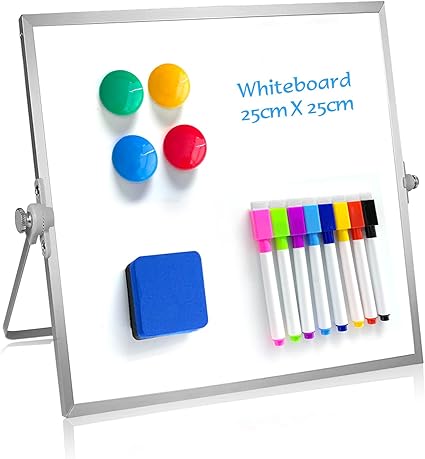 LPNHE896372836 - Pizarra blanca de borrado en seco OWill pequeña, de 25 X 25 cm con soporte y marco de aluminio, pizarra magnética. Incluye bolígrafos, borrador e imán. - C665