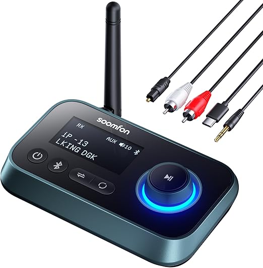 LPNHE925151851 - Transmiter Odbiornik Adapter Audio Bluetooth 5.0 z kablami Aux/Optyczne/RCA, SOOMFON Adapter Audio Hi Fi z Jackiem 3.5mm i optyczny, do TV, PC, Odtwarzacz CD, Domowe Stereo, Słuchawki, z wyświetlaczem LCD - C376