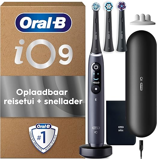 LPNHE886216550 - Oral-B iO Seria 9 Szczoteczka Elektryczna, Łączy się z Aplikacją Mobilną Oral-B, z Technologią Magnetyczną iO, 3 Końcówki, Etui Podróżne z Funkcją Ładowania, Czarna Czarna + 3 końcówki + etui - C402
