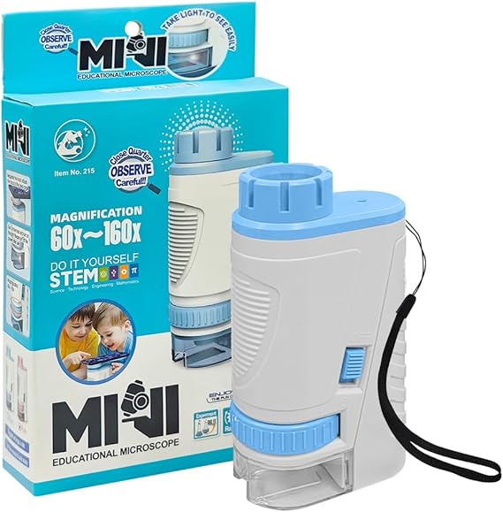 LPNHE919638573 - Mikroskop ALEENFOON Portable Enfant Set 60x 160x doświadczenie naukowe dla studentów Mikroskop LED kieszonkowy zabawka mikroskopu naukowego z uchwytem na telefon (niebieski) - C298