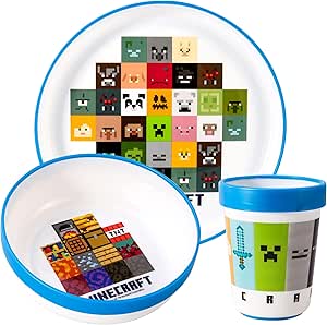 LPNHE902104562 - Minecraft 3pcs Reusable Bicolor Premium Kids Dinner Tableware Set Plate, Bowl & Tumbler, BPA Free - C941