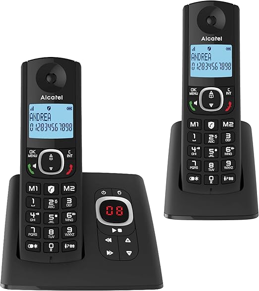 LPNHE920092084 - ALCATEL F530 Voice Duo - Bezprzewodowy Telefon Stacjonarny DECT z Automatyczną Odpowiedzią - Duży Podświetlany Ekran - Głośnomówiący - Funkcja Blokowania Połączeń - 2 Przyciski Pamięci Szybkiej - 2 Słuchawki - Czarny - A916