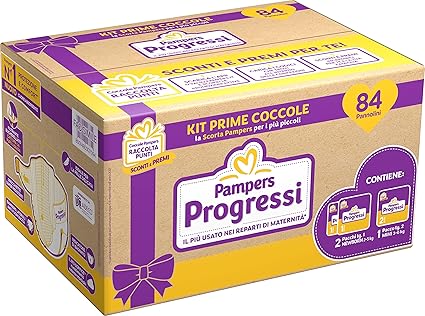 LPNIC106561577 - Pampers Progressi Primi Giorni, 84 pieluchy, dwa opakowania rozmiar 1 (2-5 kg) i jeden opakowanie rozmiar 2 (3-6 kg) - C152