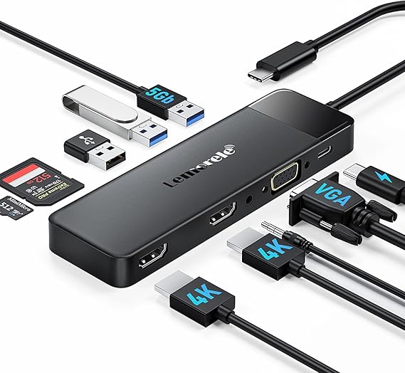 LPNHE913750028 - Stacja dokująca USB C Hub 3*Display- 11 w 1, (Aktualizacja 2024) Lemorele USB C Dock 2*HDMI Adapter 4K, 3 USB 3.0/2.0, VGA, PD 100W, Audio, SD/TF, dla Windows, MacBook, Dell, HP, Lenovo, Surface. - B318