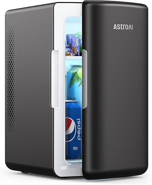 LPNHE905791810 - AstroAI Mini Lodówka do Pokoju 6L, Mini Lodówka 8 Puszek 330ml, Mini Lodówka Przenośna do Samochodu 12V/220V, Mała Lodówka do Kosmetyków, Pielęgnacji Skóry, Funkcja Ciepło/Zimno, Prezent dla Kobiet i Mężczyzn (Czarny) - C856