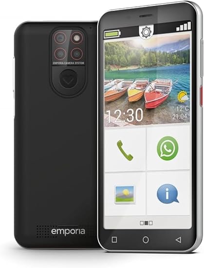 LPNHE916571604 - emporiaSMART.5 Mini, telefon dla seniorów, 4G Volte, smartfon dla seniorów bez umowy, telefon komórkowy z przyciskiem alarmowym, wyświetlacz 4,95 cala, Android 13, aparat 13 MP, czarny, E5mini/E5m 001 - C421