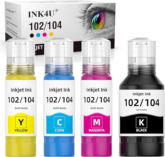 LPNHE923416695 - INK4U 102 104 Atrament Kompatybilny z wkładami atramentowymi Epson 102 lub 104, do drukarek EcoTank ET-2810 ET-2815 ET-2820 ET-2821 ET-2830 ET-2840 ET-2850 ET-3850 ET-4850 ET-1810 ET-15000 - B337
