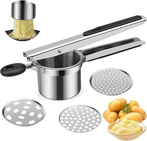 LPNHE895506688 - Prasa do ziemniaków ze stali nierdzewnej, do ziemniaków, z 3-otworową tarczą, ergonomiczna konstrukcja i silikonowy uchwyt - D38