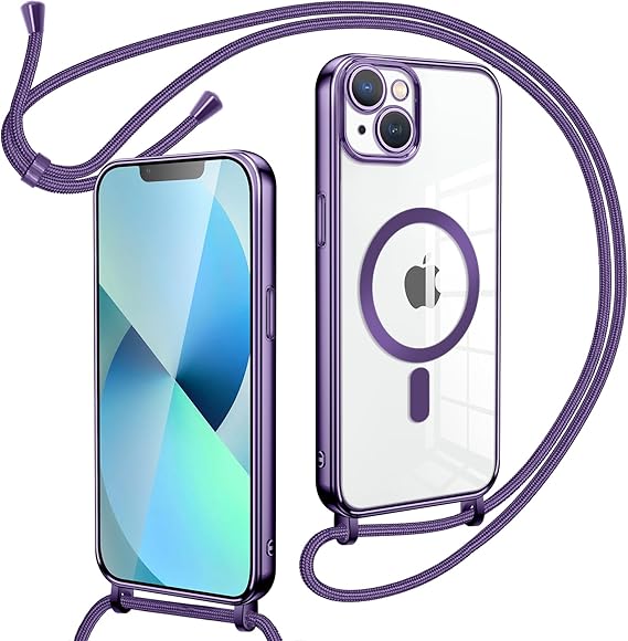 LPNHE919340798 - Okładka telefonu z przezroczystym sznurkiem z magnesem, cienkie, miękkie etui silikonowe z regulowanym sznurkiem na szyję, etui antywstrząsowe z kordonkiem na iPhone 13 - fioletowy. - C646