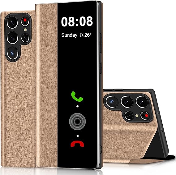 LPNHE923391837 - Etui na telefon komórkowy do Samsung Galaxy S23 Ultra 5G, pokrowiec Clear View, do Samsung Galaxy S23 Ultra, pokrowiec z podstawką, składany, dotykowy widok Flip, etui z futerałem ze skóry, do Samsung S23 Ultra 5G Clear S View - C374