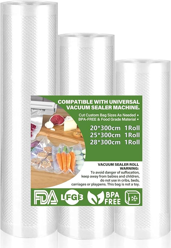 LPNHE920797511 - Torba do pakowania próżniowego żywności - 3 opakowania, Rulon do pakowania próżniowego, Pasuje do wszystkich maszyn do pakowania próżniowego, do przechowywania żywności i gotowania, Bez BPA (28/25/20 x 300cm) - A627