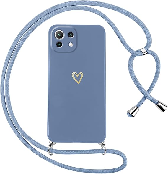 LPNHE896140903 - Pierwsza Okładka na Xiaomi 11 Lite 5G NE/Mi 11 Lite 4G/5G z Paskiem, Miękki Cienki Silikonowy Pokrowiec z Sercem i Naszyjnik Sznurowany na szyję, Regulowany, Wodoodporny, Anti-scratch, niebieski - B83
