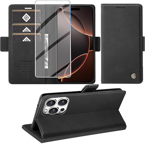 LPNHE920123448 - Nakładka na telefon komórkowy Handy dla iPhone 16 Pro Max z folią ochronną, kieszonką na karty, klapy i skóry premium z funkcją podstawki, pokrowiec ochronny na iPhone 16 Pro Max 4G/5G, pokrowiec z klapką w kolorze czarnym. - C590