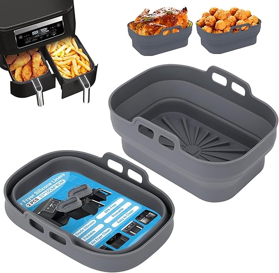 LPNRP027578192 - Taca do formy do frytownika powietrza Alyvisun, 2 sztuki, formy Air Fryer, wielokrotnego użytku, koszyczek frytownika powietrzanego, podwójna koszyk, pojemnik Airfryer, kształty koszyka, podstawa do mikrofalówki, piekarnika (szary) - A656