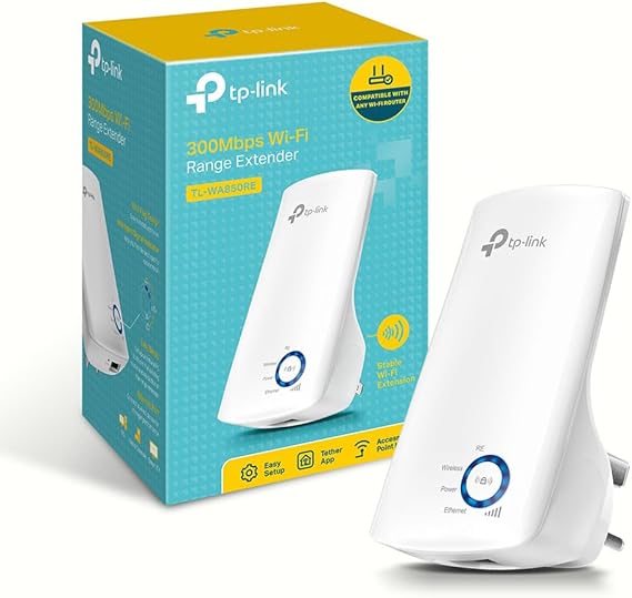 LPNWE279292187 - TP-Link TL-WA850RE N300 Uniwersalny wzmacniacz sygnału, wzmacniacz szerokopasmowy/Wi-Fi, wzmacniacz sygnału Wi-Fi/Hotspot z 1 portem Ethernet, wtyczka i graj, wbudowany tryb punktu dostępu, wtyczka UK, biały - E179