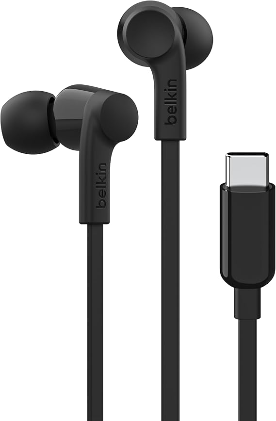 LPNWE279295125 - Belkin SoundForm przewodowe douszne słuchawki z wtyczką USB-C, zestaw słuchawkowy z mikrofonem; słuchawki z kablem do iPhone 15, iPad, Samsung Galaxy, urządzeń z systemem Android i urządzeń z gniazdem USB-C - czarny - E650