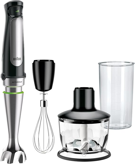 LPNHE863730491 - Braun MultiQuick 7 - mikser ręczny z technologią SplashControl, systemem ActiveBlade, precyzyjną regulacją prędkości, 500 ml kruszarką, trzepakiem, kubkiem o pojemności 600 ml, 1000W, czarny (MQ7035X) - K159