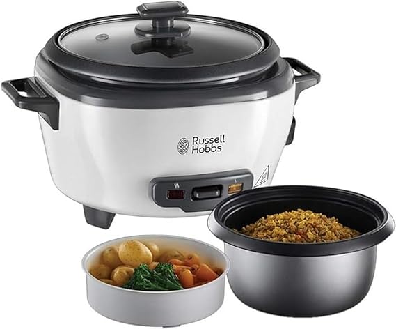 LPNHE882892047 - Russell Hobbs Mały (średni) gotownik do ryżu 0,8l z wkładką do gotowania na parze (funkcja podgrzewania, garnka o powłoce nieprzywierającej, łyżka do ryżu i miarka, wolno gotujący do warzyw i ryb itp.) 27030-56. - K174