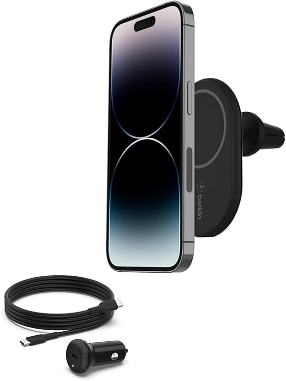 LPNHE896229694 - Belkin BoostCharge Magnetyczne uchwyt samochodowy do telefonu, kompatybilny z MagSafe, iPhone 14/14 Plus, 13, 12, Pro, Max, mini i innymi (w zestawie kabel i bezprzewodowa ładowarka) - E648