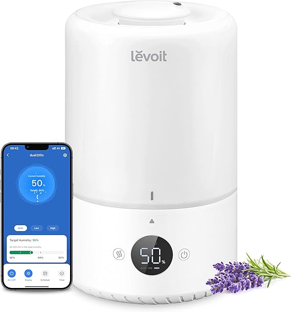 LPNHE867450771 - LEVOIT 3L Top-Fill Nawilżacz Powietrza dla Dzieci do Leczenia Kata z 25H, Ultradźwiękowy Zimny Para i Kompatybilny z Alexa i APLIKACJĄ, <28dB Cichy Tryb AUTO, Timer na Sypialnię, Podwójne 200S, Biały - K434