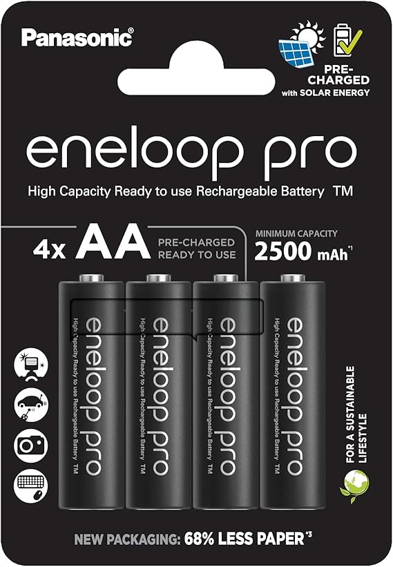 LPNHE856983622 - eneloop pro, zestaw baterii AA/Mignon NI-MH, pojemność min. 2500 mAh, gotowe do użycia baterie NI-MH, do wielokrotnego ładowania aż do 500 razy, opakowanie bez plastiku, kolor czarny - E249