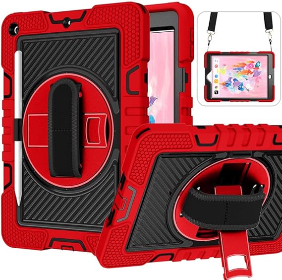 LPNRP037025225 - Etui na iPad 9.7 (2017/2018) Case Shockproof W pełni pokryte ciało z wbudowanym podpórką i 360° obrotowym paskiem na rękę i stojakiem paskiem do noszenia (czerwono-czarny) - E139