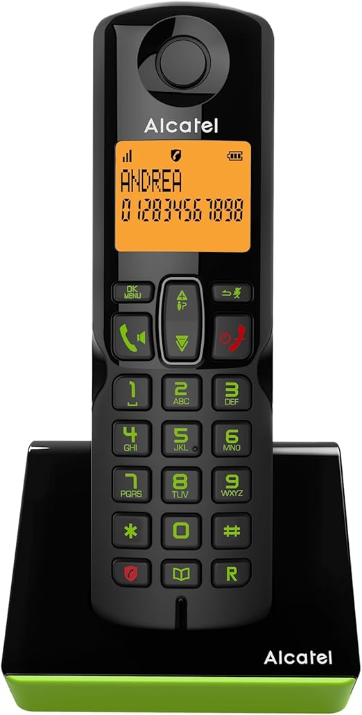 LPNRP035022497 - Alcatel S280 Czarno-zielony Telefon bezprzewodowy DECT z blokadą niechcianych połączeń, duży wyświetlacz z pomarańczowym podświetleniem, funkcja głośnomówiąca, 3 przyciski szybkiego wybierania - E149