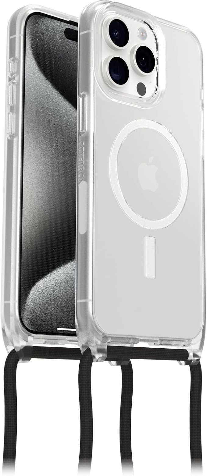 LPNHE920119088 - Etui OtterBox React Necklace z MagSafe do iPhone 15 Pro Max, ultra cienka ochronna obudowa z regulowanym i zdejmowanym łańcuszkiem na telefon, testowana zgodnie ze standardami wojskowymi, transparentna - E864