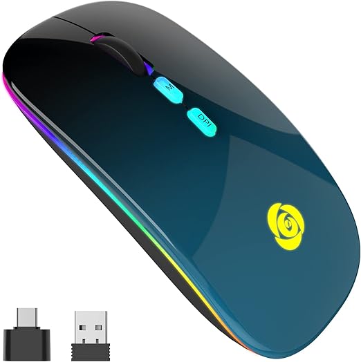 LPNRP029724517 - Bezprzewodowa mysz, bezprzewodowy odbiornik USB typu C 2,4 G, ładowana ponownie mysz Bluetooth, 7 kolorów, cienka, 3 DPI 800/1200/1600, cicha mysz kompatybilna z iPad/PC/Mac/Windows (czarno-niebieska) - E686