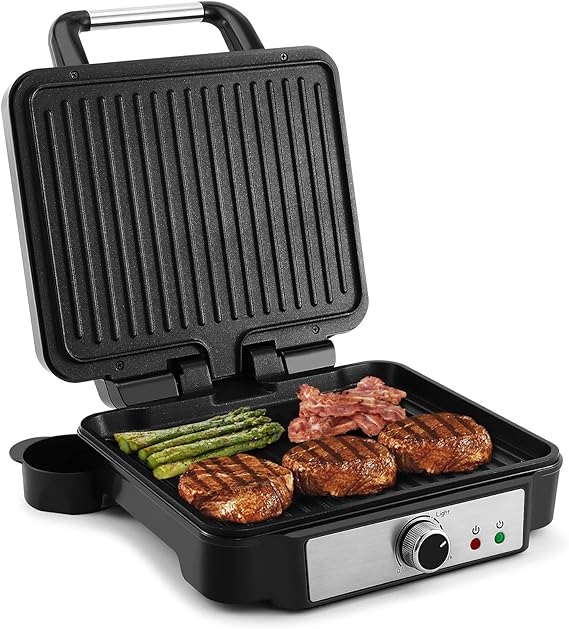 LPNHE880238165 - YASHE Kontaktgrill, 4 plastry do grilla Panini z powłoką nieprzywierającą, toster 1800W z kontrolą temperatury, wskaźnikiem kontrolnym, otwiera się na 180 stopni, wymienna tacka na krople, kolor czarny - K173