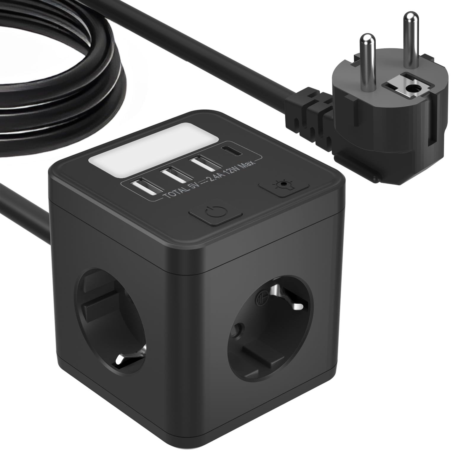 LPNHK448983110 - Listwa zasilająca z USB C, 4 gniazda, 3x USB-A, ochrona przeciwprzepięciowa, światło nocne, przełącznik, czarna - W412